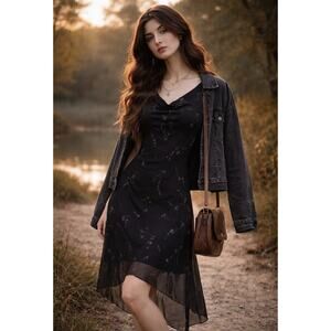 VTG Fairy Grunge Black Sparkle Slip Dress Indie Goth Sheer Hem 90s Floral Midi S